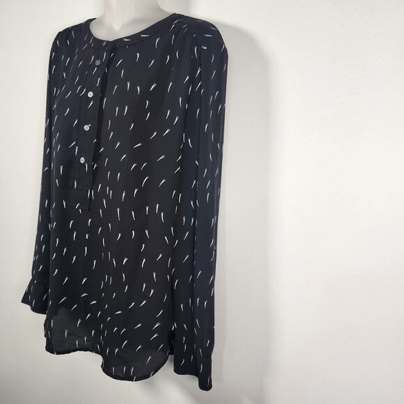 Ann Taylor LOFT Womens Henley Blouse Popover Black White Dash Printed Medium - Picture 5 of 9